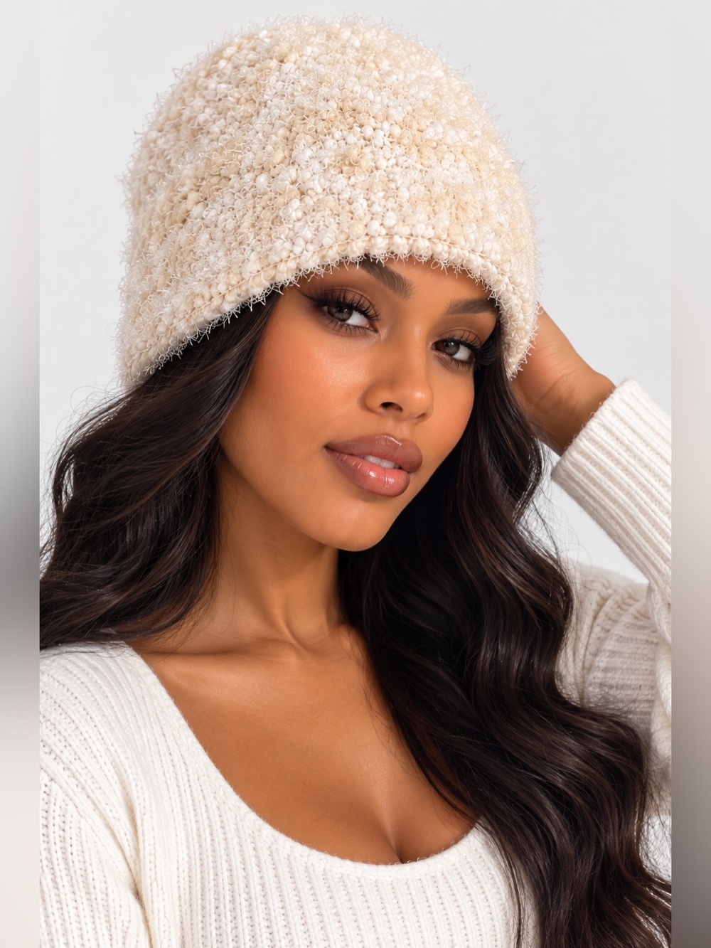 Soft Ivory Fuzzy Knit Bucket Hat Plush Y2K Winter Hat